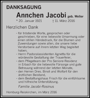 Todesanzeige von Annchen Jacobi von saarbruecker_zeitung