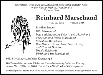 Todesanzeige von Reinhard Marschand von saarbruecker_zeitung