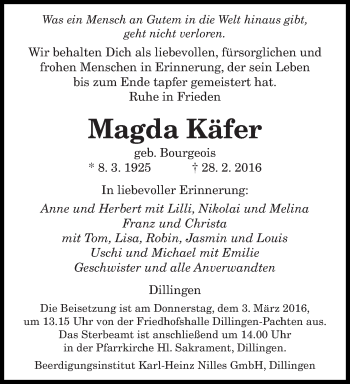 Todesanzeige von Magda Käfer von saarbruecker_zeitung