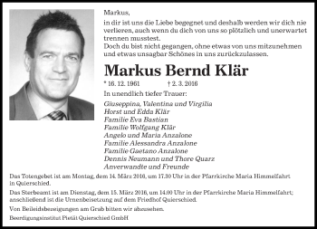 Todesanzeige von Markus Bernd Klär von saarbruecker_zeitung
