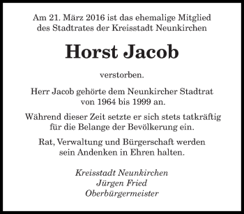 Todesanzeige von Horst Jacob von saarbruecker_zeitung