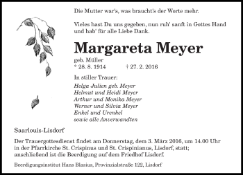 Todesanzeige von Margareta Meyer von saarbruecker_zeitung