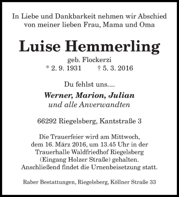 Todesanzeige von Luise Hemmerling von saarbruecker_zeitung