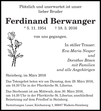 Todesanzeige von Ferdinand Berwanger von saarbruecker_zeitung