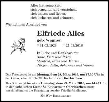 Todesanzeige von Elfriede Alles von saarbruecker_zeitung