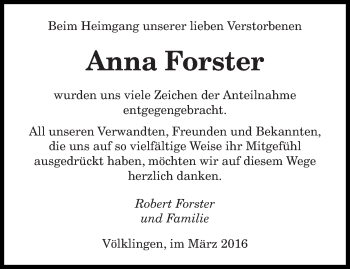 Todesanzeige von Anna Forster von saarbruecker_zeitung