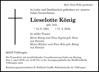 Todesanzeige von Lieselotte König von saarbruecker_zeitung