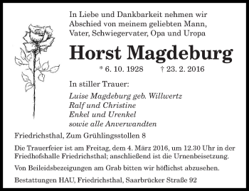 Todesanzeige von Horst Magdeburg von saarbruecker_zeitung