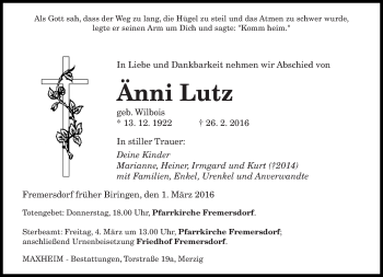 Todesanzeige von Änni Lutz von saarbruecker_zeitung
