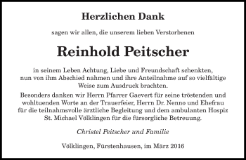 Todesanzeige von Reinhold Peitscher von saarbruecker_zeitung