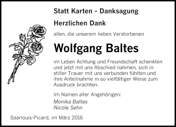 Todesanzeige von Wolfgang Baltes von saarbruecker_zeitung