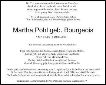 Todesanzeige von Martha Pohl von saarbruecker_zeitung
