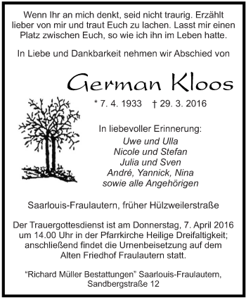 Todesanzeige von German Kloos von saarbruecker_zeitung