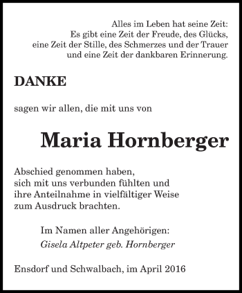 Todesanzeige von Maria Hornberger von saarbruecker_zeitung