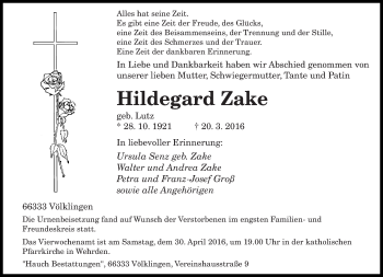 Todesanzeige von Hildegard Zake von saarbruecker_zeitung