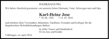 Todesanzeige von Karl-Heinz Jose von saarbruecker_zeitung