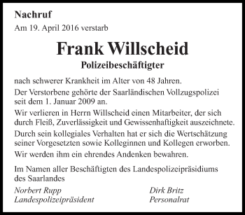 Todesanzeige von Frank Willscheid von saarbruecker_zeitung