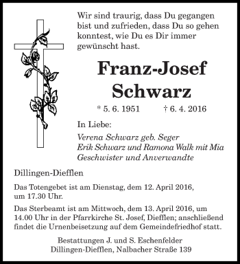 Todesanzeige von Franz-Josef Schwarz von saarbruecker_zeitung