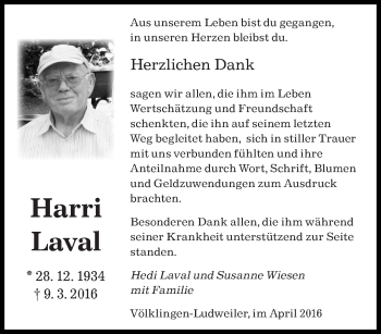 Todesanzeige von Harri Laval von saarbruecker_zeitung