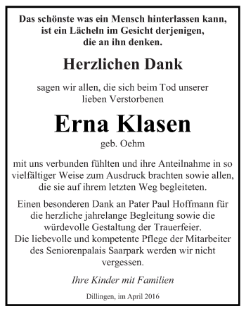 Todesanzeige von Erna Klasen von saarbruecker_zeitung