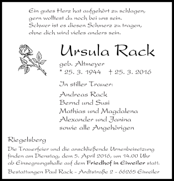 Todesanzeige von Ursula Rack von saarbruecker_zeitung