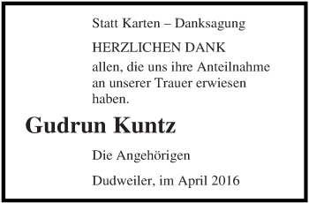 Todesanzeige von Gudrun Kuntz von saarbruecker_zeitung