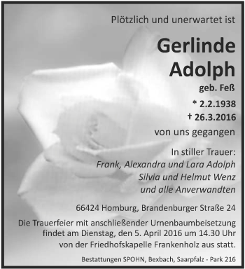 Todesanzeige von Gerlinde Adolph von saarbruecker_zeitung