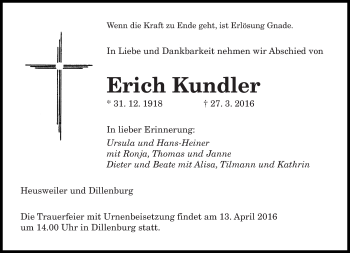 Todesanzeige von Erich Kundler von saarbruecker_zeitung