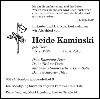 Todesanzeige von Heide Kaminski von saarbruecker_zeitung