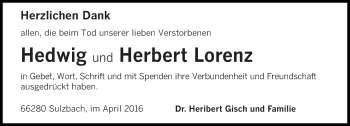 Todesanzeige von Hedwig Lorenz von saarbruecker_zeitung