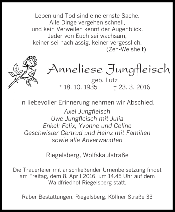 Todesanzeige von Anneliese Jungfleisch von saarbruecker_zeitung