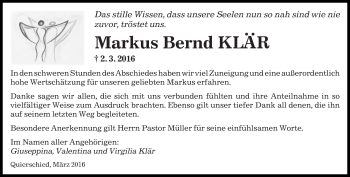 Todesanzeige von Markus Bernd Klär von saarbruecker_zeitung