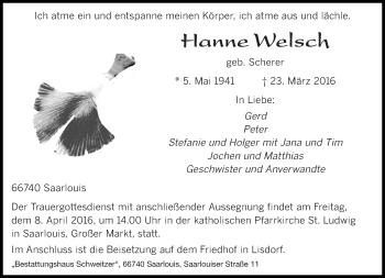 Todesanzeige von Hanne Welsck von saarbruecker_zeitung
