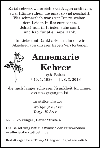 Todesanzeige von Annemarie Kehrer von saarbruecker_zeitung