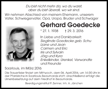 Todesanzeige von Gerhard Goedecke von saarbruecker_zeitung