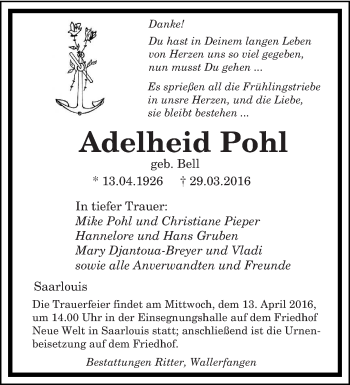 Todesanzeige von Adelheid Pohl von saarbruecker_zeitung