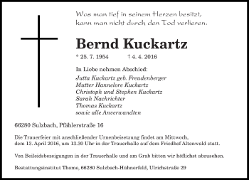 Todesanzeige von Bernd Kuckartz von saarbruecker_zeitung