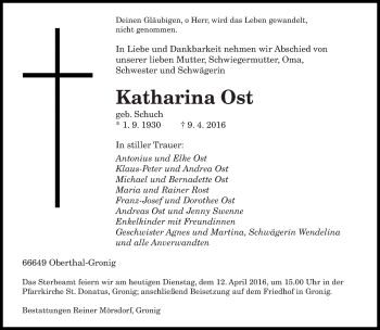 Todesanzeige von Katharina Ost von saarbruecker_zeitung