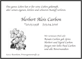 Todesanzeige von Herbert Alois Carbon von saarbruecker_zeitung