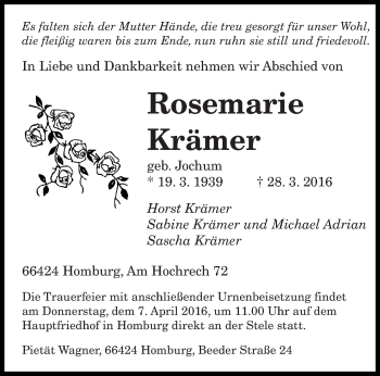 Todesanzeige von Rosemarie Krämer von saarbruecker_zeitung