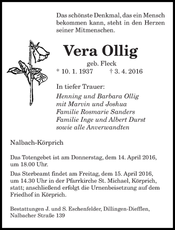 Todesanzeige von Vera Ollig von saarbruecker_zeitung