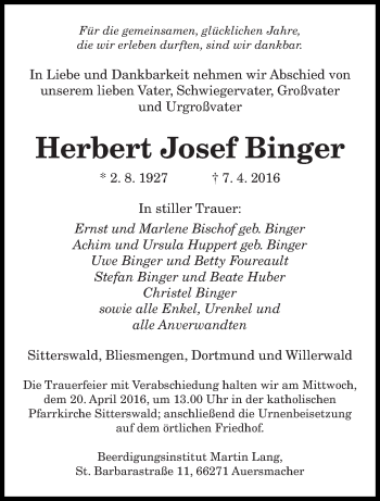 Todesanzeige von Herbert Josef Binger von saarbruecker_zeitung