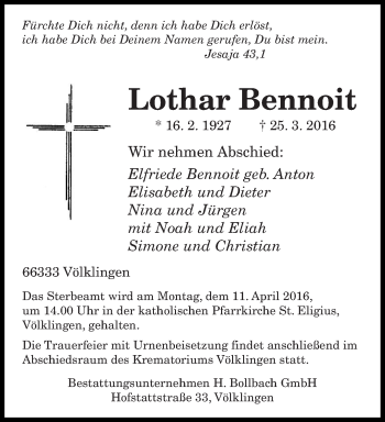 Todesanzeige von Lothar Bennoit von saarbruecker_zeitung