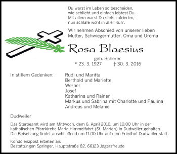 Todesanzeige von Rosa Blaesius von saarbruecker_zeitung