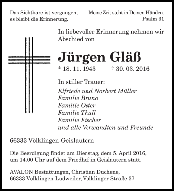Todesanzeige von Jürgen Gläß von saarbruecker_zeitung