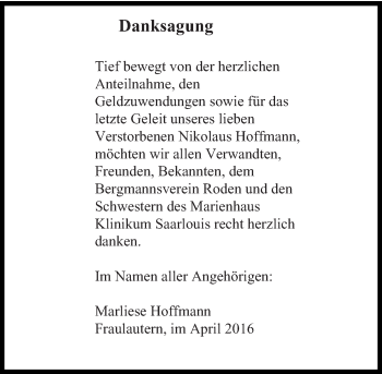 Todesanzeige von Nikolaus Hoffmann von saarbruecker_zeitung