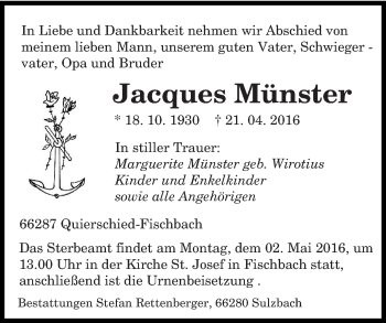 Todesanzeige von Jacques Münster von saarbruecker_zeitung