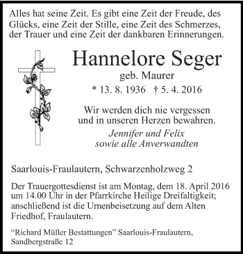 Todesanzeige von Hannelore Seger von saarbruecker_zeitung