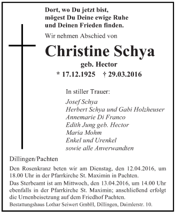 Todesanzeige von Christine Schya von saarbruecker_zeitung