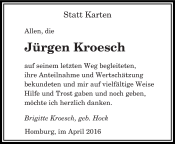 Todesanzeige von Jürgen Kroesch von saarbruecker_zeitung